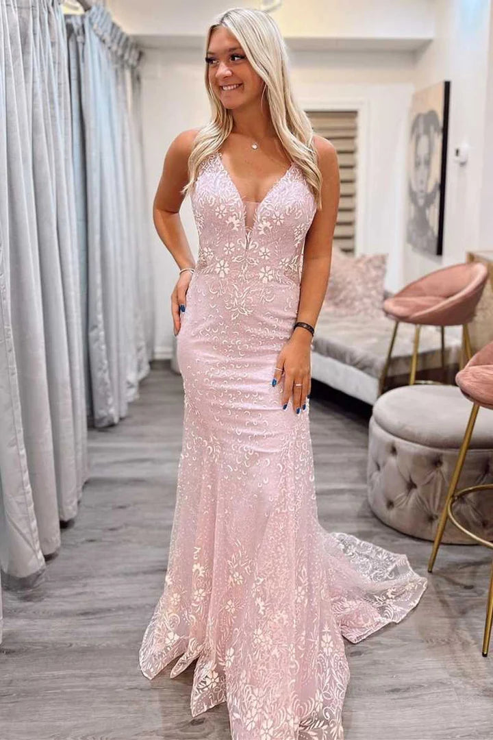 Pink Jacquard Tulle V-Neck Backless Mermaid Prom Dress